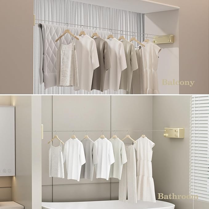 Danpro Retractable Clothesline, 2x13.8ft Designer Drying Line for Luxury Bedroom/Closet, Seamless Blending with Modern Interiors(Gold)