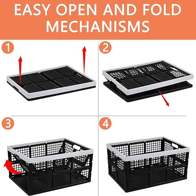 3-Pack Large Plastic Folding Storage Crates, 66 L Collapsible Storage Crates, Black