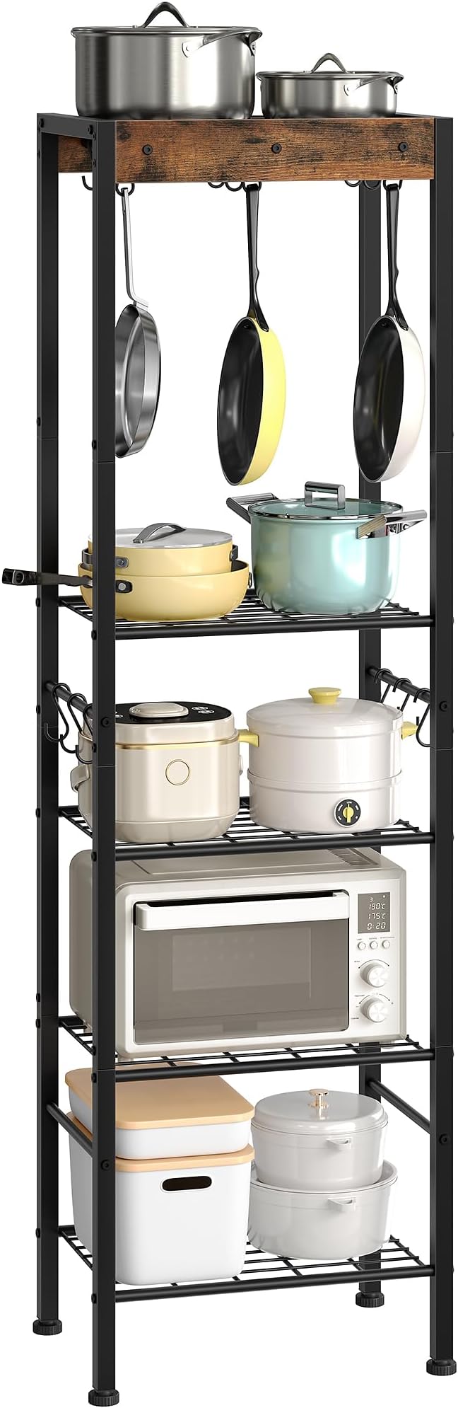 5-Tier Pot Rack, Floorstanding Pots and Pans Organizer, Kitchen Bakers Rack, Kitchen Island Table, Pots and Pans Organizer, Storage Stand, for Living Room, Rustic Brown and Black TPR16BF