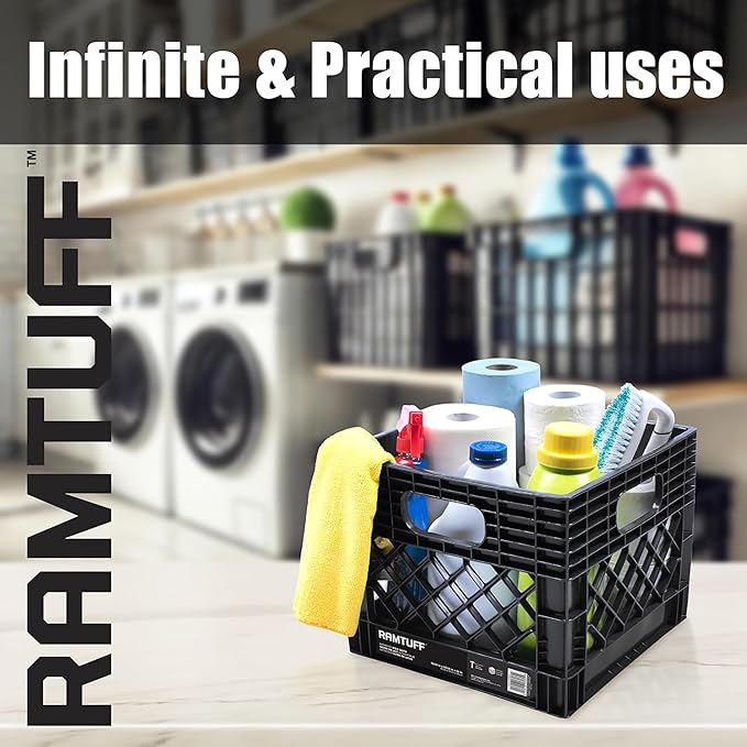 Ramtuff 1 Pack Storage Milk Crate, Durable Plastic Home Organizers, Stackable Box Set with Reinforced Handles, 250 lb Load Capacity, Black