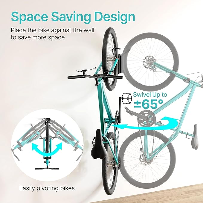 2 Pack Bike Hooks for Garage, Heavy Duty Swivel Bike Wall Mount, Holds 77 Lbs Bike Wall Hanger, Adjustable Garage Bike Rack for Bedroom Home Office, 2 Pack