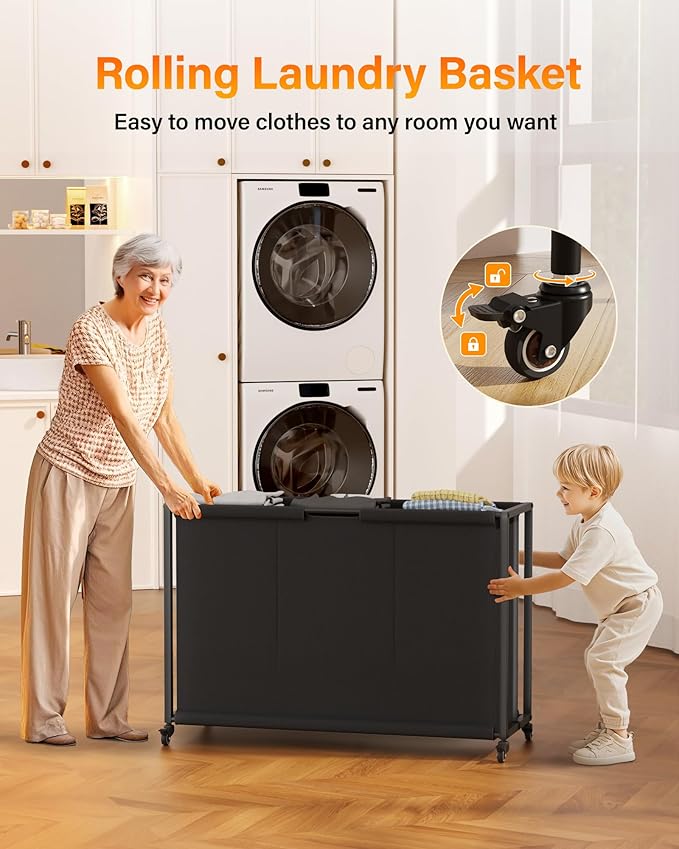 Laundry Hamper Sorter 3 Section: Rolling Laundry Basket Organizer with Wheels for Room Organization and Storage - Clothes Hamper with Shelf & Oxford Fabric Drawers & Bags