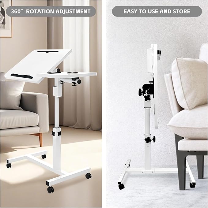 Overbed Table with Wheels Adjustable Height, Tiltable Desktop with Tray, Over Bed Table Rolling Bedside Tables, Medical Mobile Standing Desk, for Hospital Office Bedroom Sofa, White