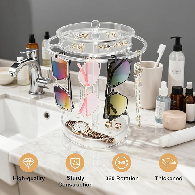 Acrylic Sunglasses Holder Stand with 360° Rotation - Double-Layer Trays, Dustproof Top Lid, Clear Eyeglasses Display Rack for Tabletop/Vanity/Office - Space-Saving, Shatter-Resistant & Modern Decor