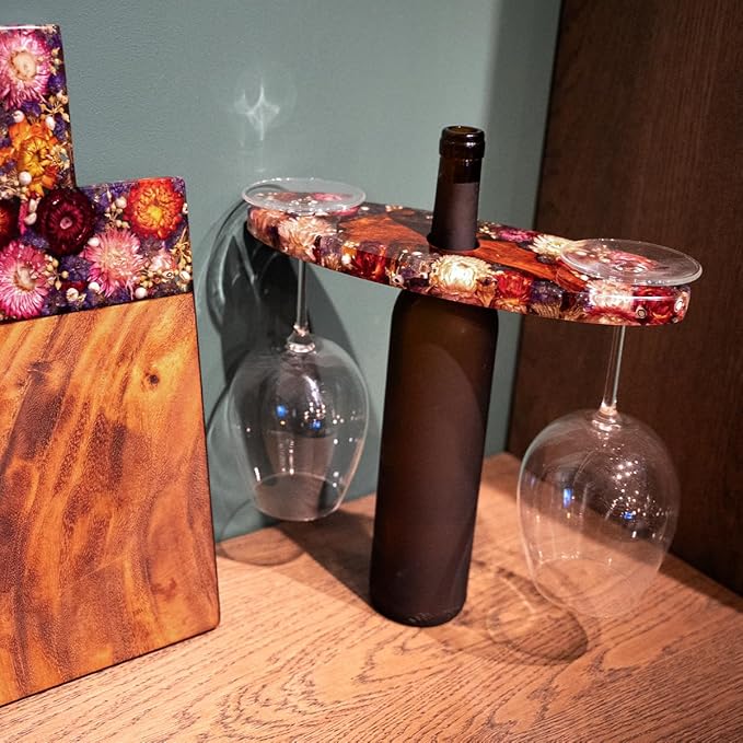 Handcrated Wood Wine Bottle & Glass Holder with Flowers Preserved, Vintage Countertop Stand for 1 Bottle & 2 Glasses, Unique Wine Caddy for Home Bar, Gift for Wine Lover