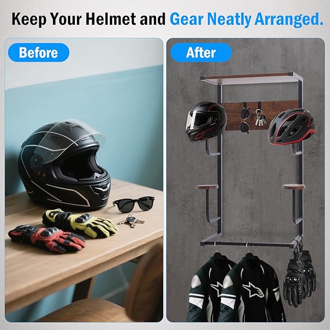 Motorcycle Helmet Holder, Durable Helmet Rack with Wooden Board, Helmet Wall Mount for Bike Accessories Storage, Vintage Black Finish for Garage Organization