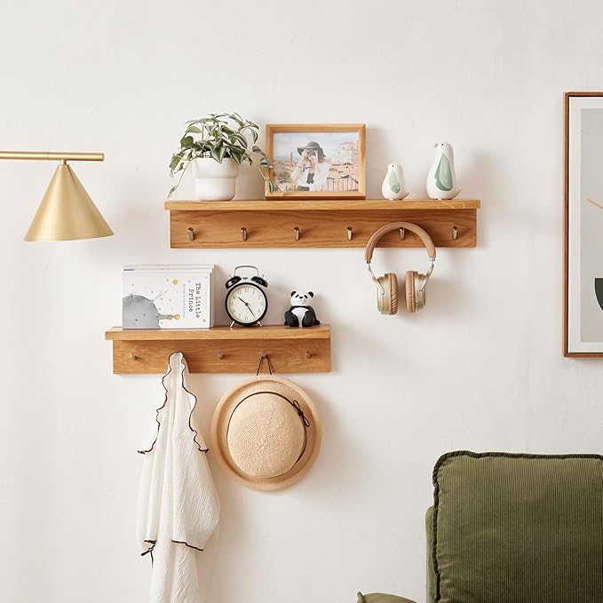 Oak Wood Coat Rack Wall Mount With Shelf 27.5 Inch Long, Entryway Floating Shelf With 6 Hooks for Bathroom, Hallway, Living Room