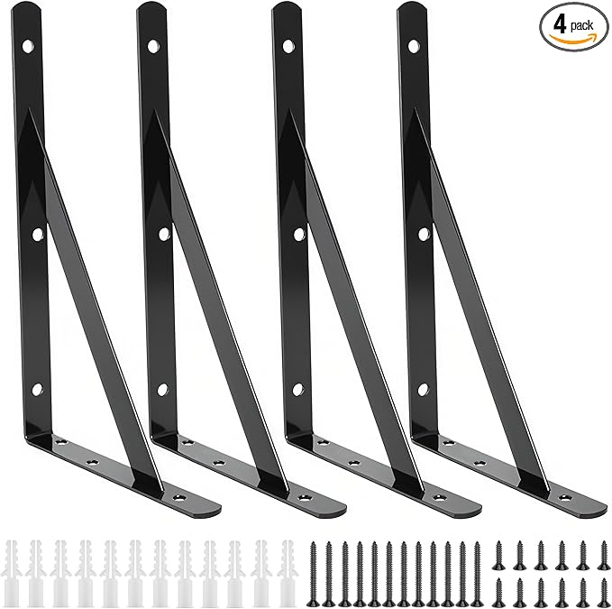 4 Pack L14 x H 10" Heavy Duty Shelf Brackets with Screws Open Floating Shelving Bracket L Brackets Black Metal Shelf Brackets for Shelves, Room, Pantry,Garage
