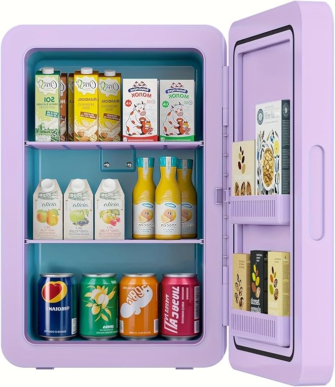 22L/30Cans Mini Fridge for Bedroom, 12v DC Portable Cooler & Warmer, Mini Refrigerator with Glass Front, for Car Office Desk & Dorm Food Beverage Skincare Makeup (Purple)