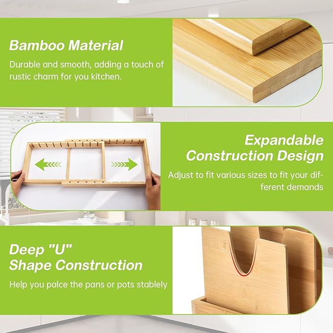 Pots and Pans Organizer under Cabinet - Bamboo Expandable Pot Lid Organizer, Adjustable Bakeware and Cutting Board Organizers, Pot Lid Holder Rack for Kitchen Organizers and Storage