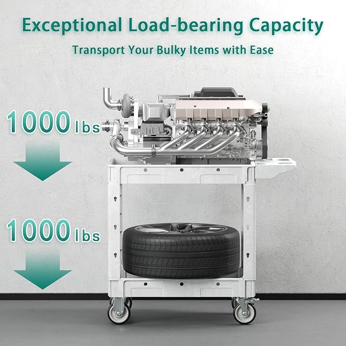 Heavy Duty Utility Rolling Tool Cart, 550 lbs Capacity Plastic Rolling Carts with 360°Swivel Wheels, 40 x 17 Inch Service Cart, 2 Shelf Work Cart for Warehouse,Garage, Cleaning, Grey