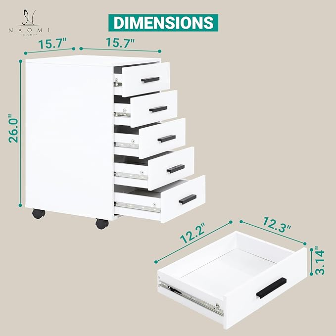 5-Drawer Rolling Under Desk Storage Cart - Mobile Organizer with Lockable Casters, White Engineered Wood Scratch-Resistant for Home Office Dorm Studio, 15.7 x 15.7 x 26 Inches