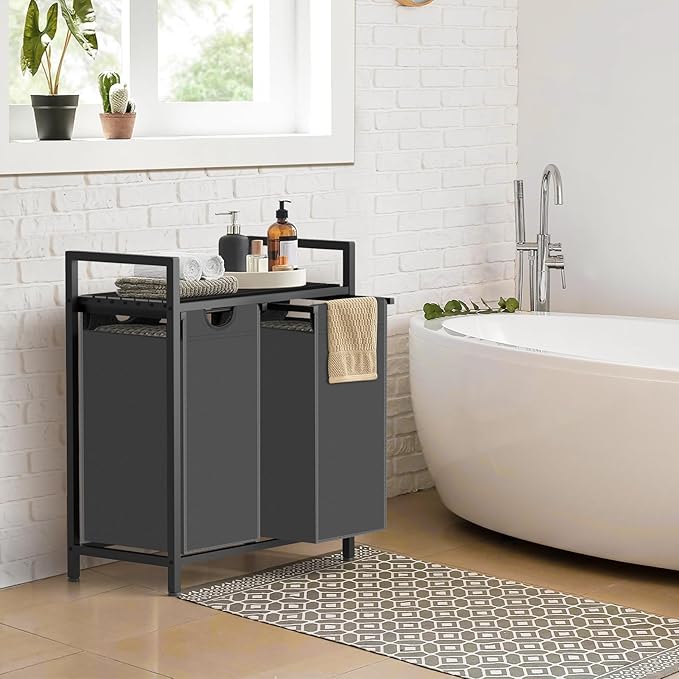 Laundry Hamper, Laundry Sorter with 2 Pull-Out Removable Oxford Fabric Bags Cloth Laundry Basket 2 x 10 Gallons (Grey and Charcoal Black)