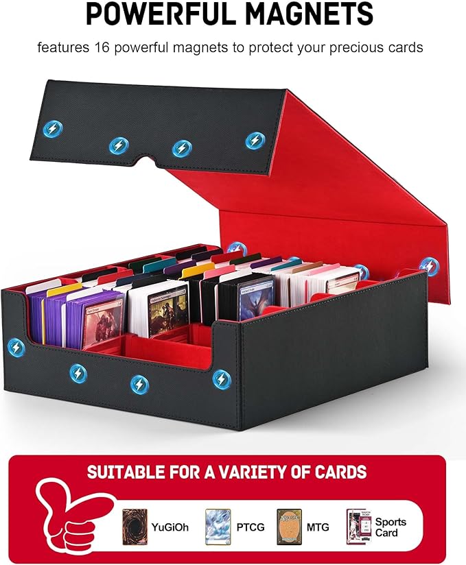 ZLCA Card Storage Box for MTG PTCG, Commander Deck Box Holds 3200+ Cards, Trading Card Storage Case with 4 Stoppers, Card Organizer for TCG Sport Cards(Black&Red)