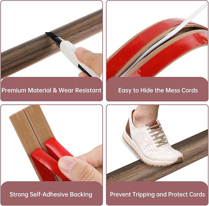 Floor Cord Cover Self Adhesive Cord Hider Floor Extension Cord Covers for Floor Power Cord Protector Cable Management Prevent Cable Trips Cable Cavity 0.59" W x 0.31" H (Smoked Brown Wood, 3.3Ft)