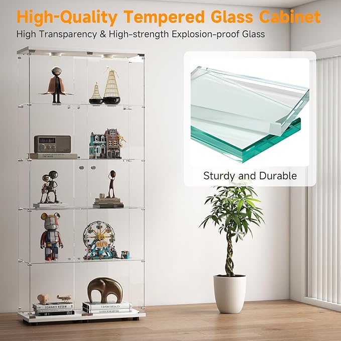 5-Tier Tempered Glass Display Cabinet with Lights, Curio Cabinet with Glass Doors and Lock, Glass Display Case for Collectibles, for Living Room Bedroom Office, Double Door, White