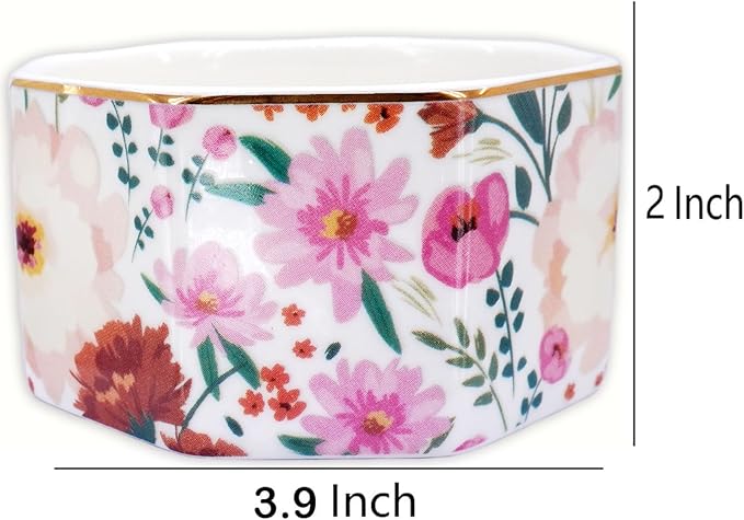 Ceramic Paper Clip Holder Gold Line Paper Clip Dispenser Organizer for Desk Cute Floral Pattern Office Binder Clip Holder Bobby Pin and Hair Clip Holder Gift for Office (White Pink)