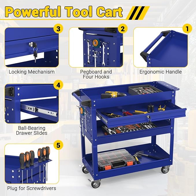 3 Tier Rolling Tool Cart on Wheels, 550 LBS Tool Cart with Drawers，Heavy Duty Utility Cart with Pegboard and Hook，Mechanic Tool Storage Cart for Garage, Warehouse and Repair Shop(Dark Blue)