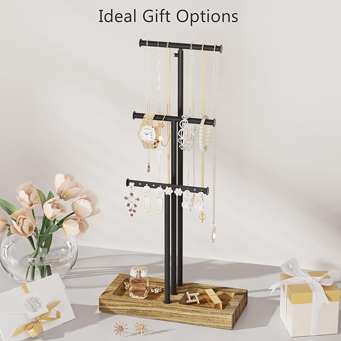 Love-KANKEI Jewelry Organizer Stand Metal & Wood Base and Large Storage Necklaces Bracelets Earrings Holder Organizer Gift Black and Carbonized Black