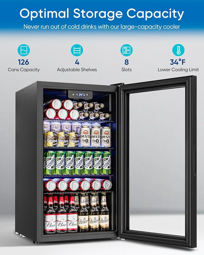 Beverage Refrigerator and Cooler - 126 Can Mini Fridge Glass Door for Soda Beer Wine - Freestanding Beverage Fridge for Bedroom Office Bar, 4 Adjustable Shelves, 3.2 Cu.Ft, Black