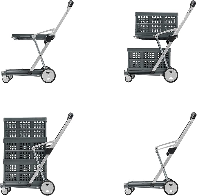 CLAX® The Original | Made in Germany | Multi use Functional Collapsible Carts | Mobile Folding Trolley | Shopping cart with Storage Crate | Platform Truck (Grey)