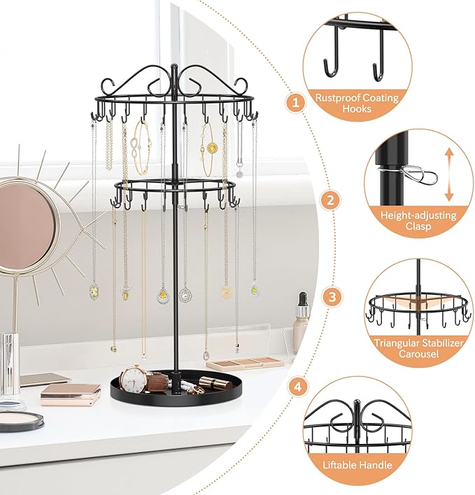 iDavosic.ly 2 Tier Rotating Necklace Organizer with Jewelry Tray, Adjustable Metal Necklace Holder with 42 Hooks, Extra Tall Bracelet Keychain Spinning Display Stand Tree Tower for Women, Black