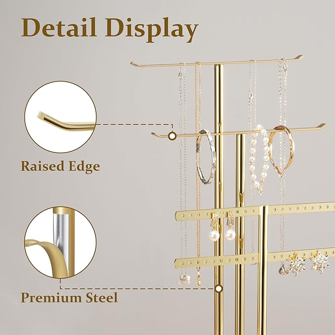 pickpiff Jewelry Stand Organizer Necklace Holder- 12.5" Sturdy Earring and Bracelet Hanger, Mirrored Gold, Aesthetic Room Decor
