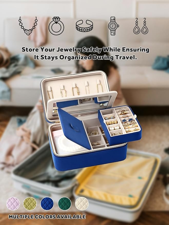 Velvet Travel Jewelry Box with Large Mirror, Double-Layer Jewelry Organizer Case for Women and Girls, Portable Storage Case with 6 Anti-Tarnish Bags Gift Ready for Her (Navy Blue)