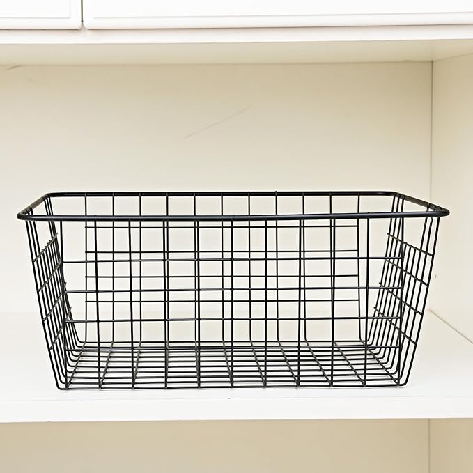 14" Upright Freezer Storage Baskets, Black Wire Storage Bins Large Bakset for Freezer, Pantry, Bathroom Organizing, Set of 4