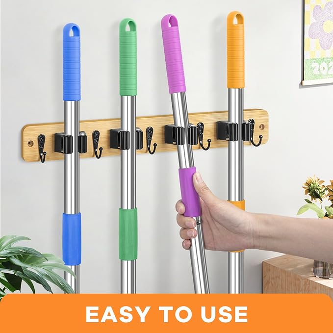 IMILLET Mop and Broom Holder Wall Mount, Bamboo Broom Hanger with 4 Racks and 5 Hooks, Laundry Room Decor, Self Adhesive Over the Door Broom Organizer, Wall Organizer for Home Garage Closet (1 Pack)