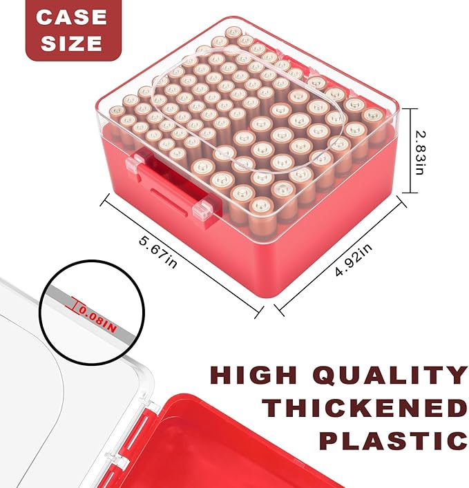 FULLCASE Battery Storage Organizer Box, Holder Container for 82 AA AAA Batteries, Plastic Home Batteries Variety Pack Protective Organization(Case Only) Red