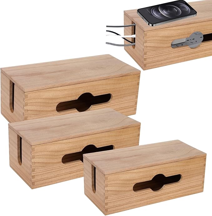 3PCS Wooden Cable Management Box Kit Wooden Cable Hider Storage Box Cord Organizer to Hide Cords & Wires for Desk Organization Protector Box for Home Office Kitchen Desk TV Computer Wires (S + M + L)