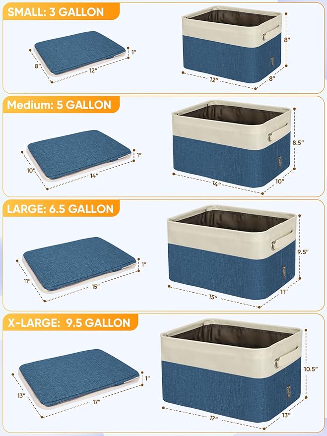 BALEINE 2 Pack Fabric Storage Bins for Shelves, Linen Storage Baskets for Organizing, Decorative Closet Bins for Clothes, Home (Navy Blue, 17''x13''x10.5'')