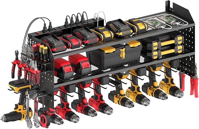 JUNNUJ Large Power Tool Organizer Wall Mount with Charging Station. Garage 8 Drill Holder Tools Battery Storage Shelf, Heavy Duty Utility Storage Rack Built in 8 Outlet 3 USB 10 FT Power Strip