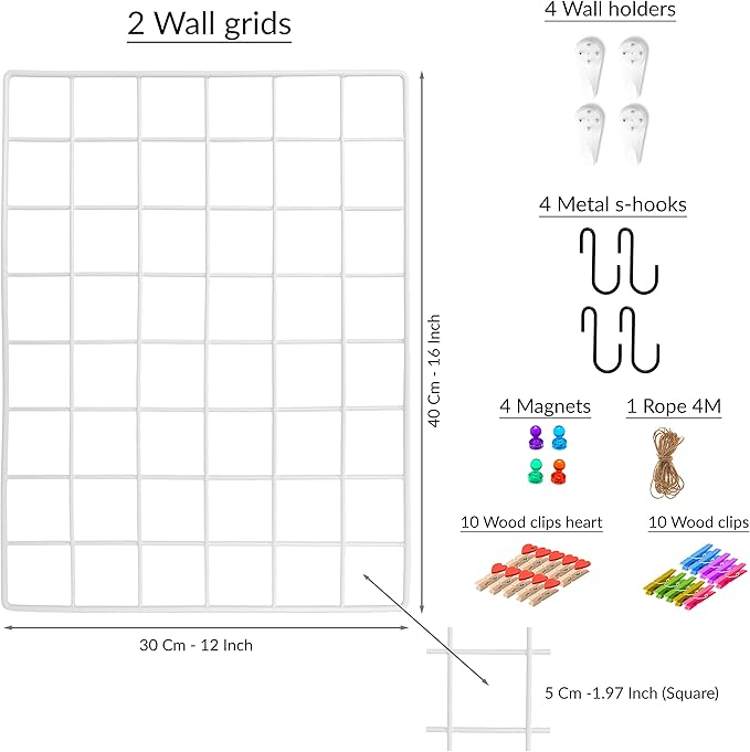 2 Pack Wire Wall Grid Panel | Photos & Pictures Display Grid Wall Panels | White, Magnetic & Metal Grid | Photo Grid | Grid Wire Board | Hanging Home, Office & Kitchen Décor