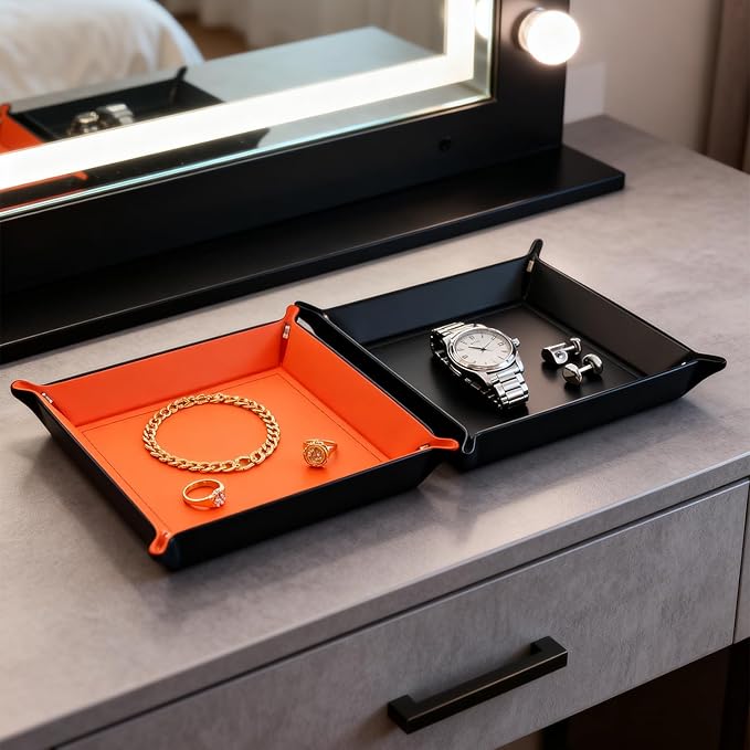 siduater Valet Tray Desktop Storage Organizer – Vegan Leather Catchall Bedside Vanity Tray Nightstand Caddy Holder for Remote Controller, Watch, Keys, Phone, Wallet, Coin, Jewelry (Orange/Black)