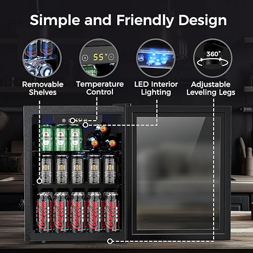 COWSAR Mini Fridge Cooler, 16 Bottle 68 Can Beverage Refrigerator with Glass Door for Wine Beer Soda, Wine Fridge with Touch Control Panel, Wire Shelving for Home Office Bar, 1.7 Cu. Ft