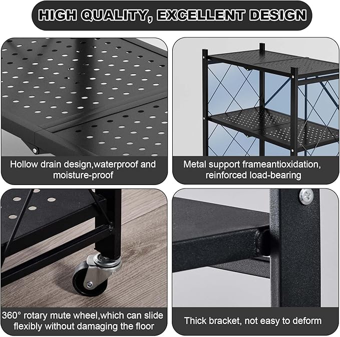GlowSol 5 Tiers Folding Storage Shelves with Wheels-62.6" No Assembly Rolling Collapsible Shelves, Utility Metal Shelving Rack for Pantry,Kitchen and Garage,300kg Capacity