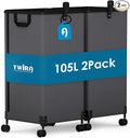 2Pcs Laundry Basket With Wheels 105L, Large Rolling Laundry Hamper With Removable Bag, Metal Frame Collapsible Dirty Clothes Bin, Cloth Organizer Hampers Pull Handle For Bathroom, Dorm, Bedroom Grey