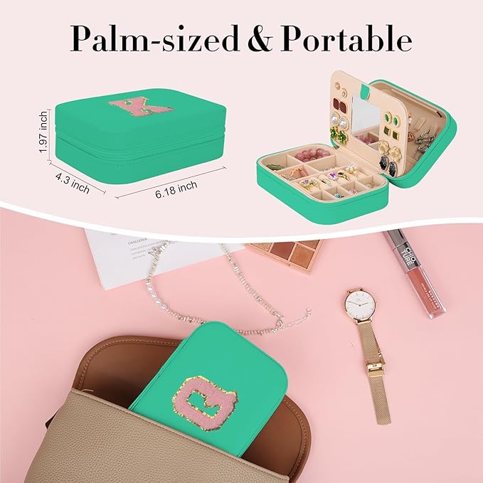 TopPerfekt Travel Jewelry Case, Jewelry Box with Mirror, Jewelry Organizer Bridal Shower Gifts to Her, Earring Storage Travel Case, Trendy Gift for Women and Girls, Girlfriend-Letter Q, Green
