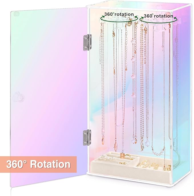 Jenseits Iridescent Necklace Organizer, Acrylic Necklace Holder w/Velvet Tray, Dustproof Rotation Jewelry Holder Organizer Display Stand Box Hanger, Necklaces Ring Bracelet Case, Gift for Women, Girl