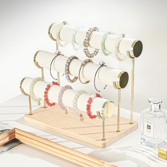 Coward Bracelet Holder Stand Rack, Removable Bracelet Display Organizer, T-Bar Wood Base Bangle Watch Scrunchies Jewelry Storage Towers for Home Desk or Shop Selling (3 Layer)