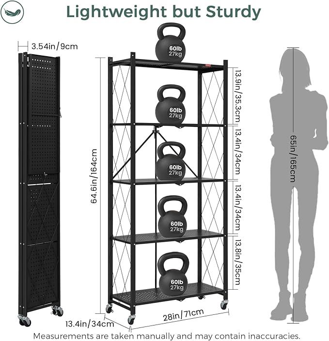 DEANIC 5 Tier Foldable Storage Shelves with Wheels, Large Capacity Shelving Unit, Freestanding Metal Wire Shelf Rack, No Assembly Organizer Rack for Garage Kitchen, Basement, Pantry(Black Pack of 2)
