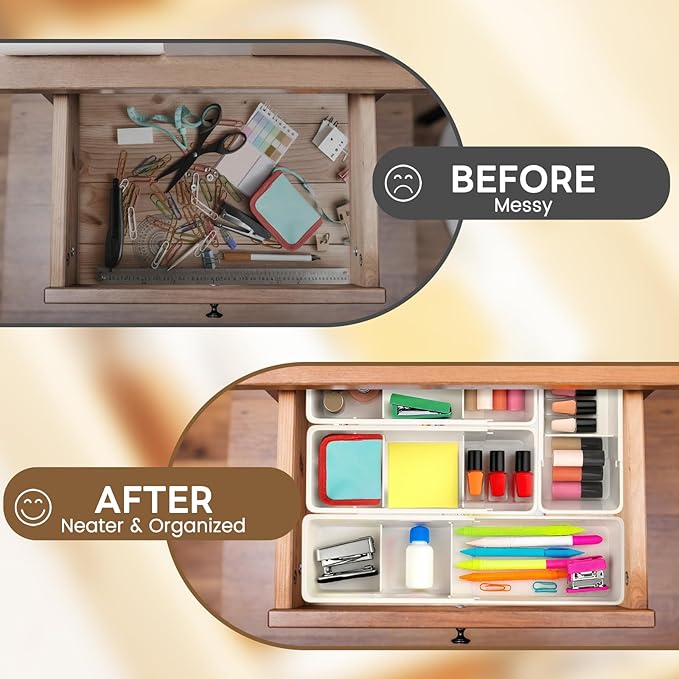 Expandable Drawer Organizers, Adjustable Drawer Dividers Organizers, PP Drawer Organizer Trays for Utensils, Pens, Makeups, Flatware and Junks, Multi-Use (Small)
