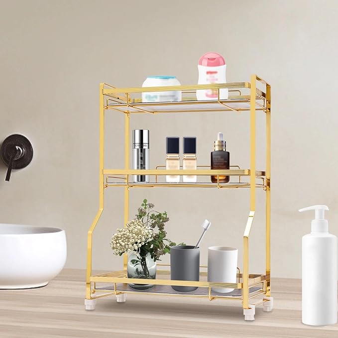 Bathroom Countertop Organizer, Gold Cosmetics Perfume Storage Display Rack Bathroom Counter Organizer for Small Spaces Skincare Makeup