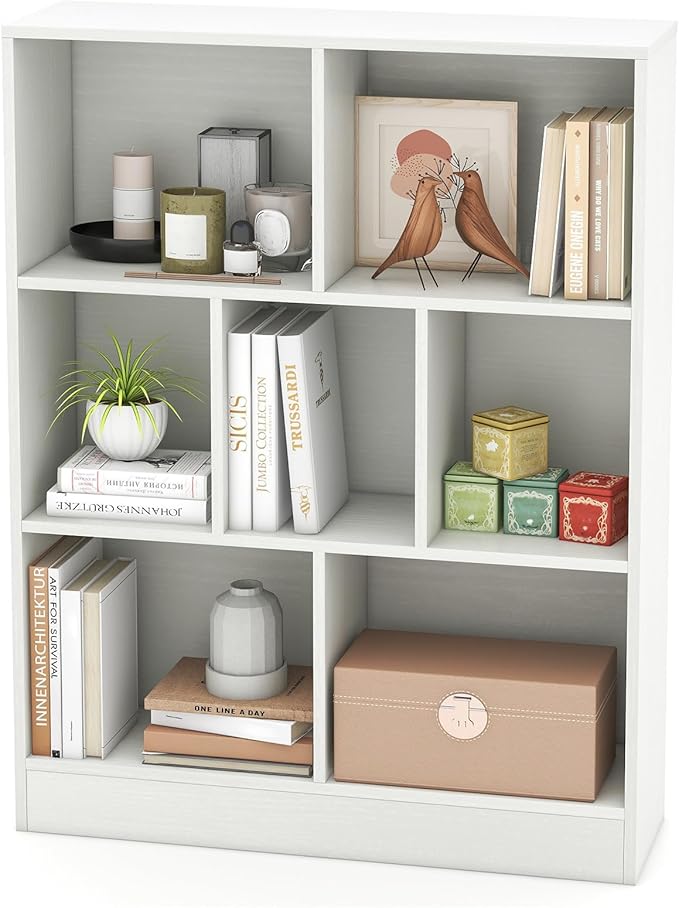Giantex 7 Cube Bookcase, 4-Tier Freestanding Bookshelf w/ 7 Open Compartments, 2 Anti-Tipping Kits, Modern Display Cabinet, 41" Wood Cubby Storage Organizer for Living Room, Bedroom, White