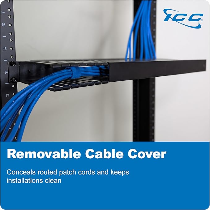 ICC 1U Finger Duct Cable Manager Panel with Cover, Plastic with Metal Back Frame, 5" Depth, Horizontal Cable Management, Rackmount for 19” Network Racks, Black, Single Pack