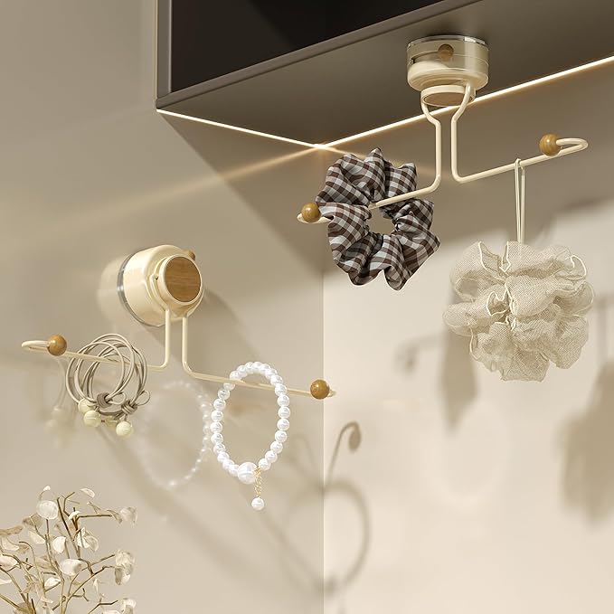 Wall Hanging Jewelry Organizer with Wooden Beads, Strong Suction Cup Hair Clip Holder for Bathroom & Bedroom, 12 Inch Space Saving Storage for Hair Ties, Necklaces, Bracelets, Rings