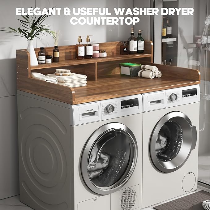 2-Tier Washer and Dryer Countertop with 2.75" H Guard,54" W x 27.5" D Laundry Countertop Cover with Non-Slip Pad,Large Space Laundry Topper for Folding Clothes Over Washer and Dryer-Dark Walnut