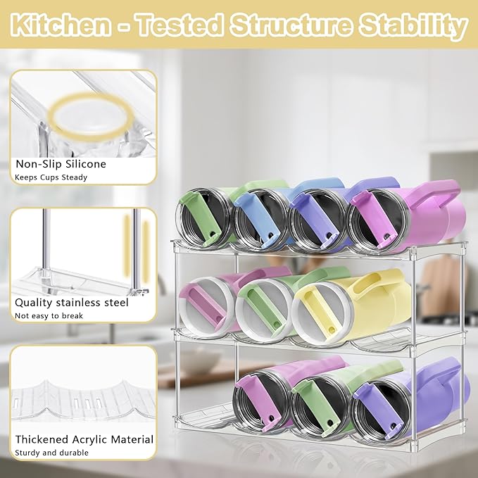 Stackable Water Bottle Organizer & Holder for Cabinet - Clear Acrylic Tumbler Storage Rack for Stanley 40oz Cups, Wine Bottles & Large Tumblers - 3-Tier Pantry and Kitchen Organizer Holds 12 Bottles﻿
